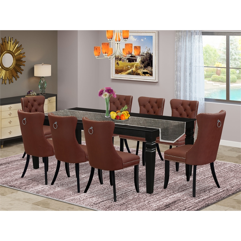 East West Furniture 9-Piece Kitchen Set in Black/Burgundy