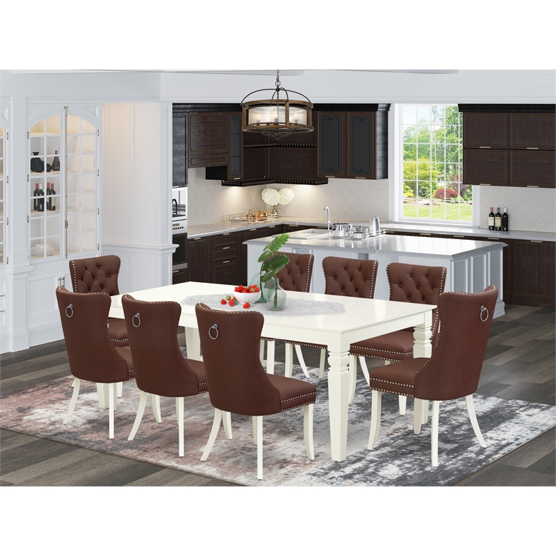 East West Furniture 9-Piece Kitchen Table Set in Linen White/Burgundy
