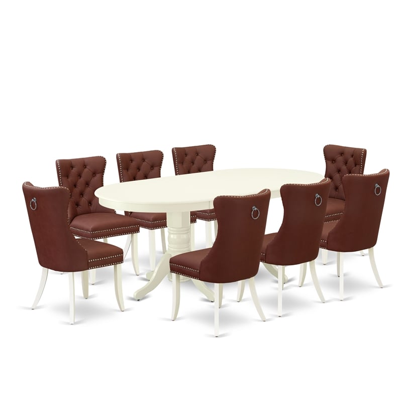 East West Furniture 9-Piece Dining Set in Linen White/Burgundy