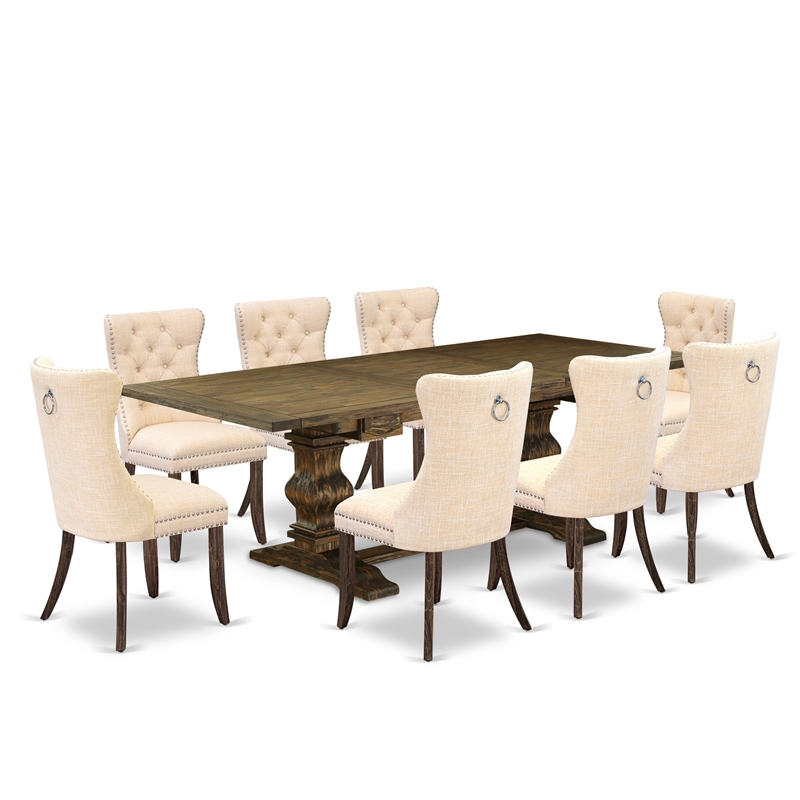 East West Furniture 9-Piece Kitchen Set in Light Beige/Distressed Jacobean