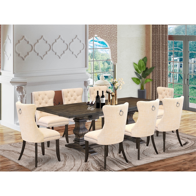 East West Furniture 9-Piece Kitchen Set in Light Beige/Distressed Jacobean