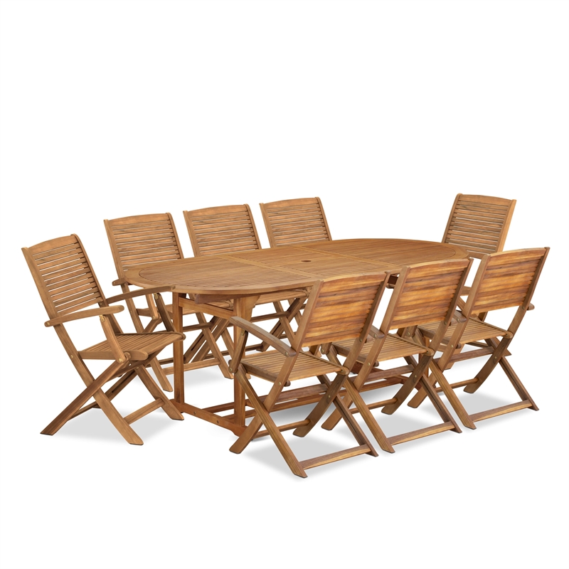 East West Furniture 9-Piece Patio Dining Set in Natural Oil