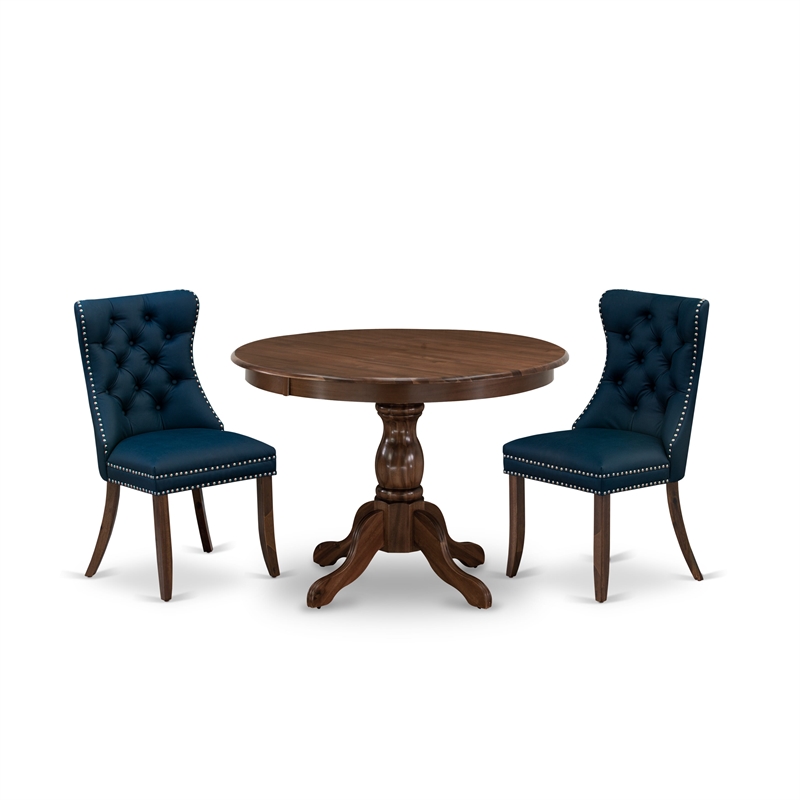 East West Furniture 3-Piece Kitchen Table Set in Antique Walnut/Navy Blue
