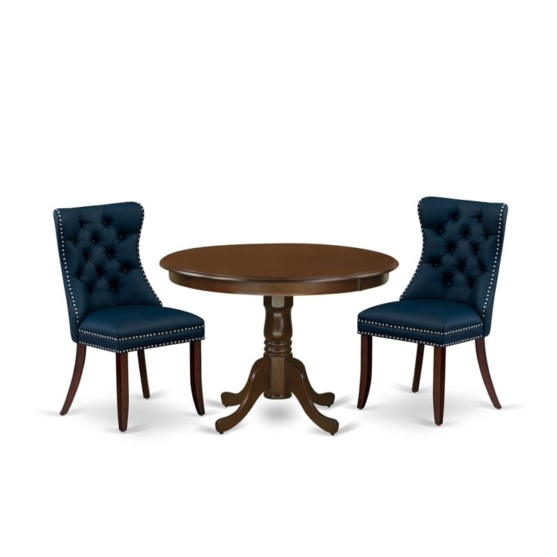 East West Furniture 3-Piece Dining Set for Small Spaces in Mahogany/Navy Blue