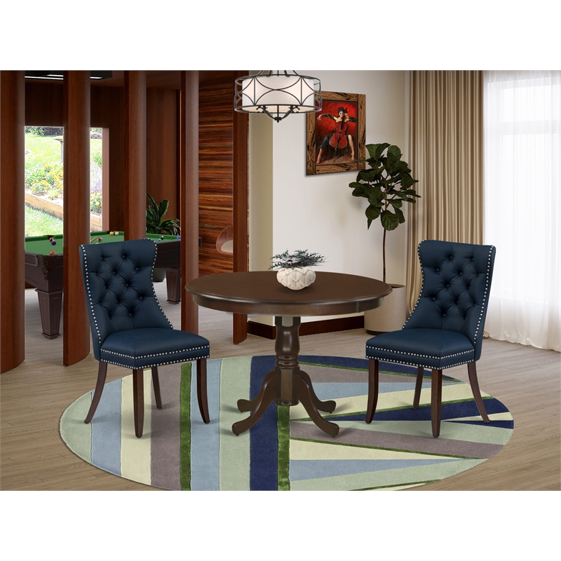 East West Furniture 3-Piece Dining Set for Small Spaces in Mahogany/Navy Blue