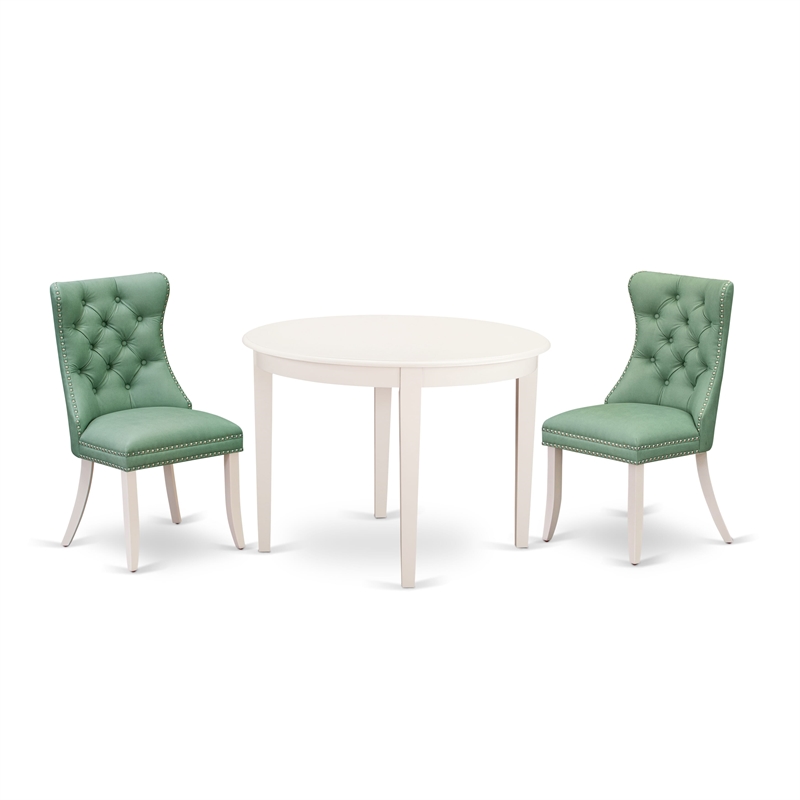 East West Furniture 3-Piece Modern Dining Table Set in Linen White/Willow Green