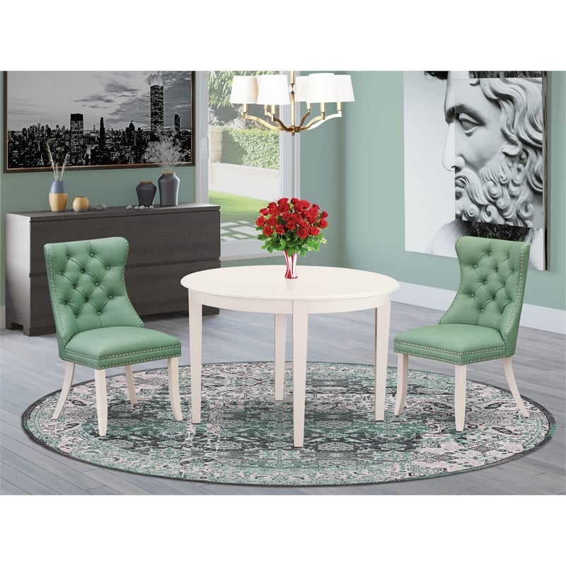 East West Furniture 3-Piece Modern Dining Table Set in Linen White/Willow Green