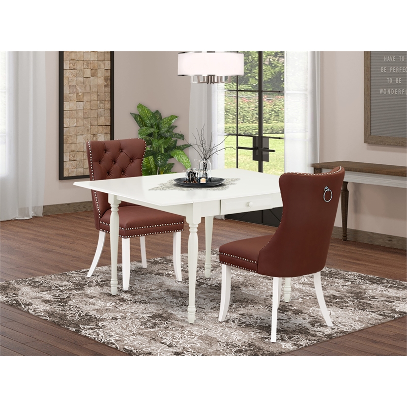 East West Furniture 3-Piece Dining Table Set in Linen White/Burgundy