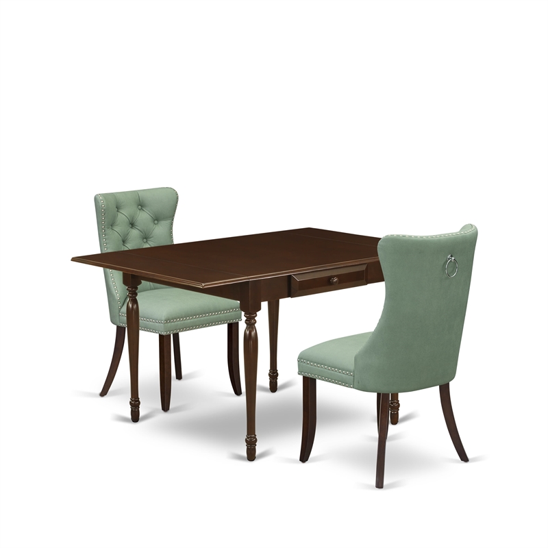 East West Furniture 3-Piece Modern Dining Table Set in Mahogany/Willow Green