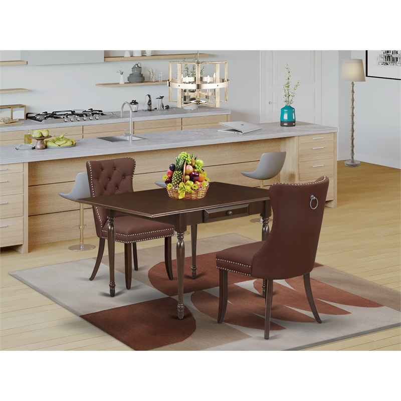 East West Furniture 3-Piece Dining Table Set  in Mahogany/Burgundy