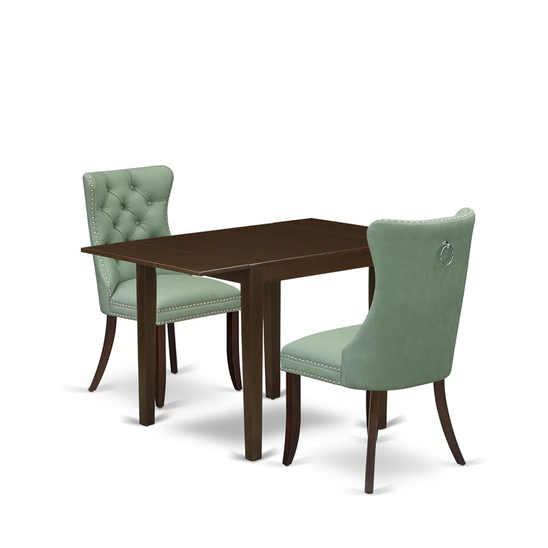 East West Furniture 3-Piece Dining Table Set in Mahogany/Willow Green