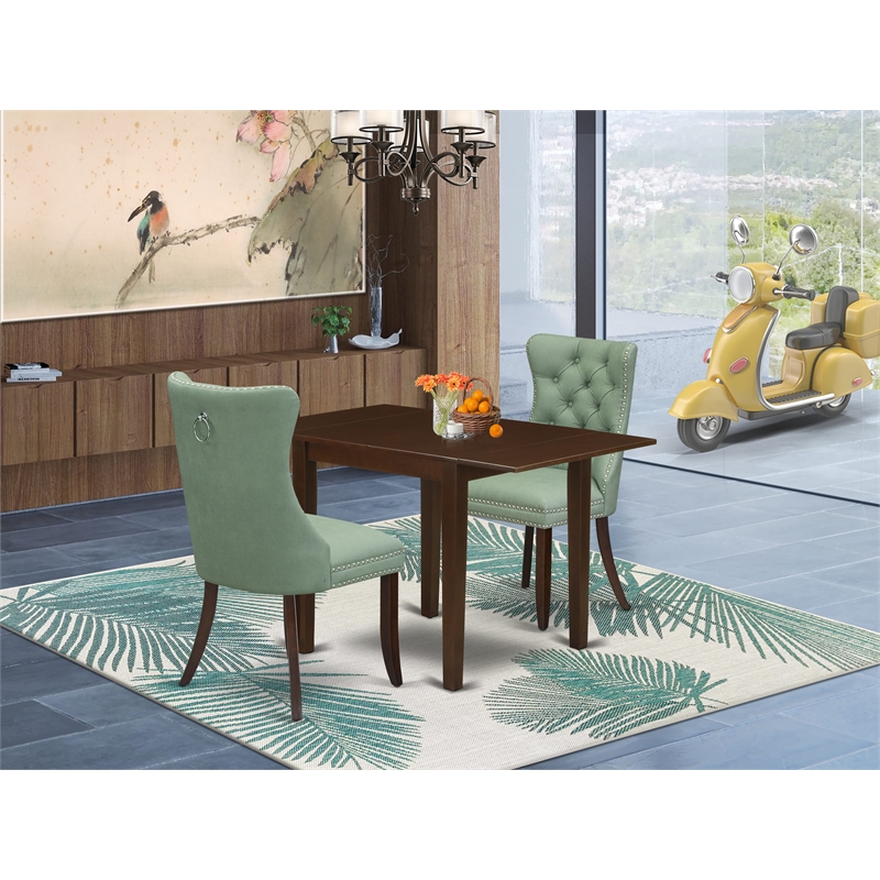 East West Furniture 3-Piece Dining Table Set in Mahogany/Willow Green
