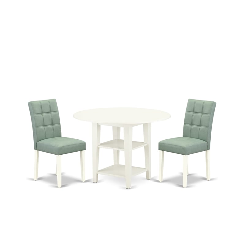 East West Furniture 3-Piece Modern Dining Table Set in Linen White/Willow Green