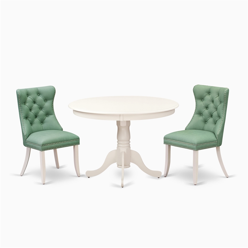 East West Furniture 3-Piece Modern Dining Table Set in Linen White/Willow Green