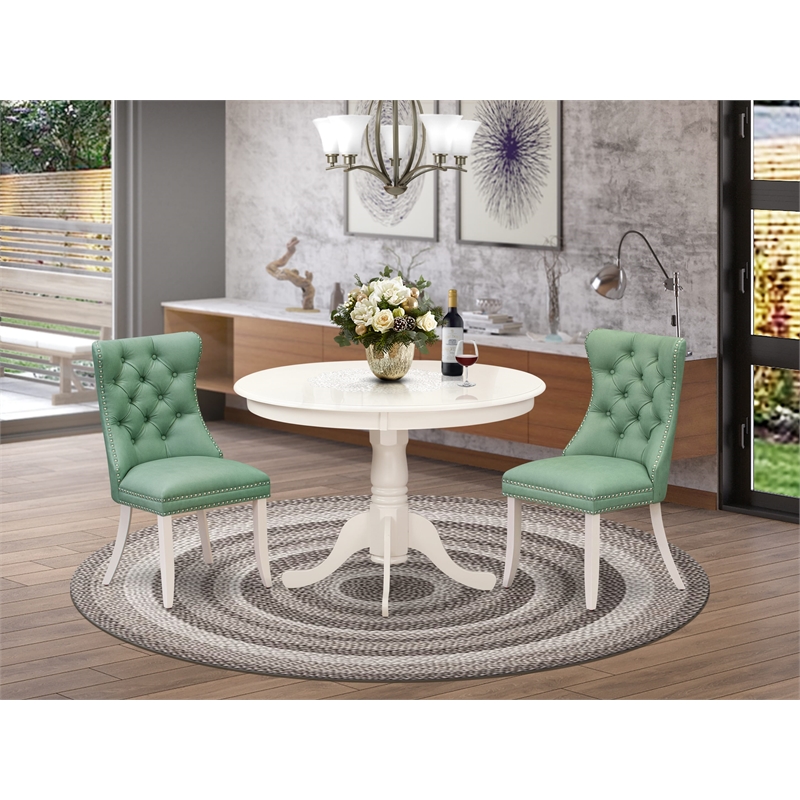 East West Furniture 3-Piece Modern Dining Table Set in Linen White/Willow Green