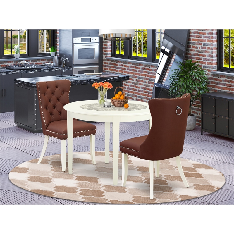 East West Furniture 3-Piece Dining Table Set in Linen White/Burgundy