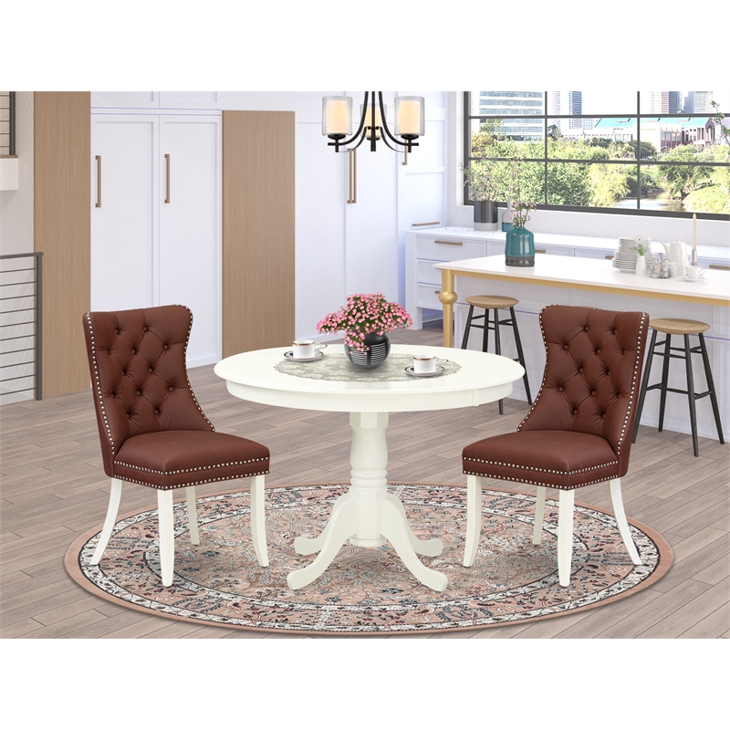East West Furniture 3-Piece Dining Room Set in Linen White/Burgundy