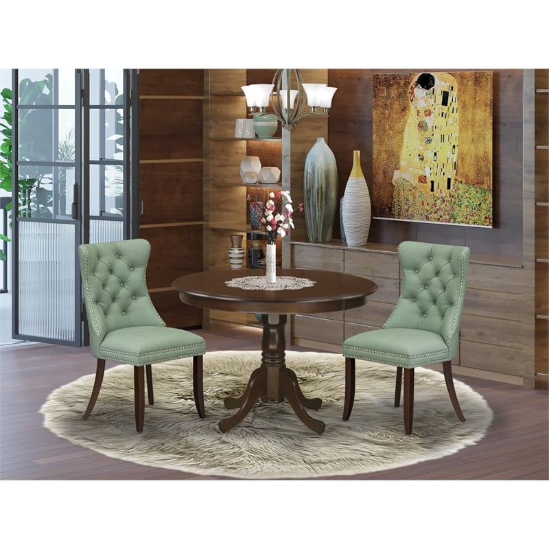 East West Furniture 3-Piece Kitchen Table Set in Mahogany/Willow Green