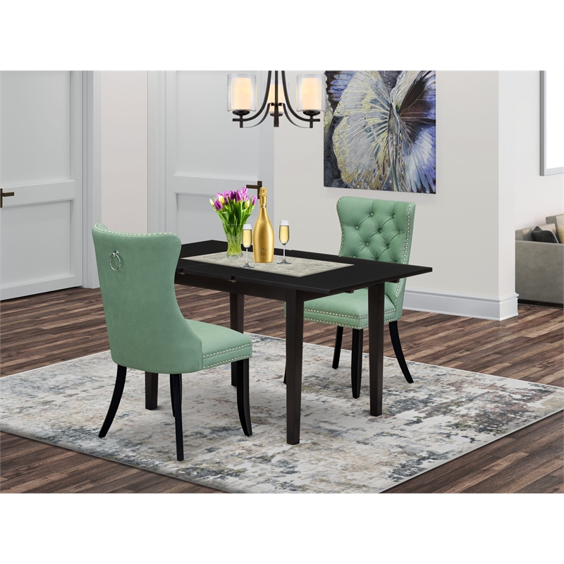 East West Furniture 3-Piece Kitchen Table Set in Black/Willow Green