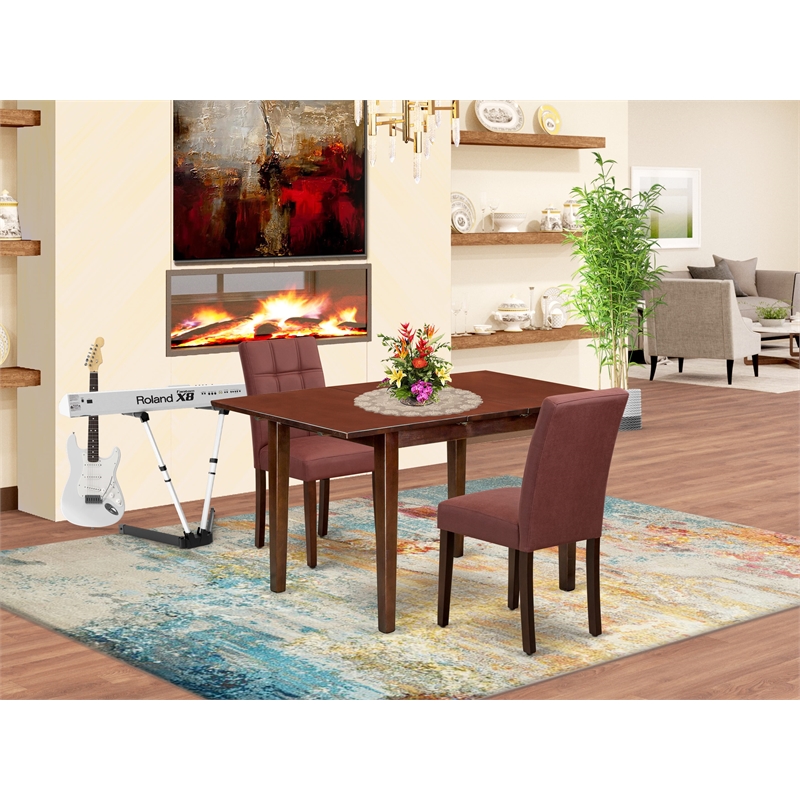 East West Furniture 3-Piece Dining Table Set in Mahogany/Burgundy
