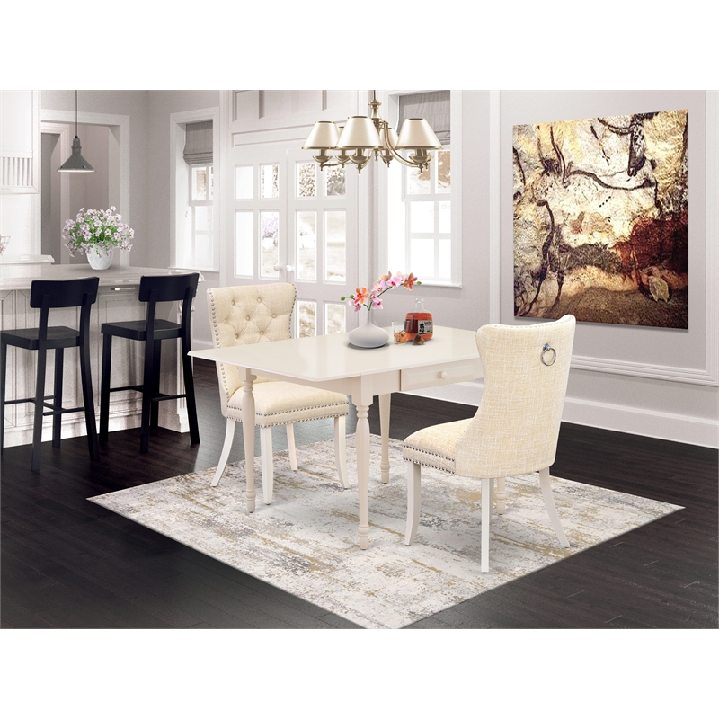 East West Furniture 3-Piece Dining Room Set in Linen White/Light Beige