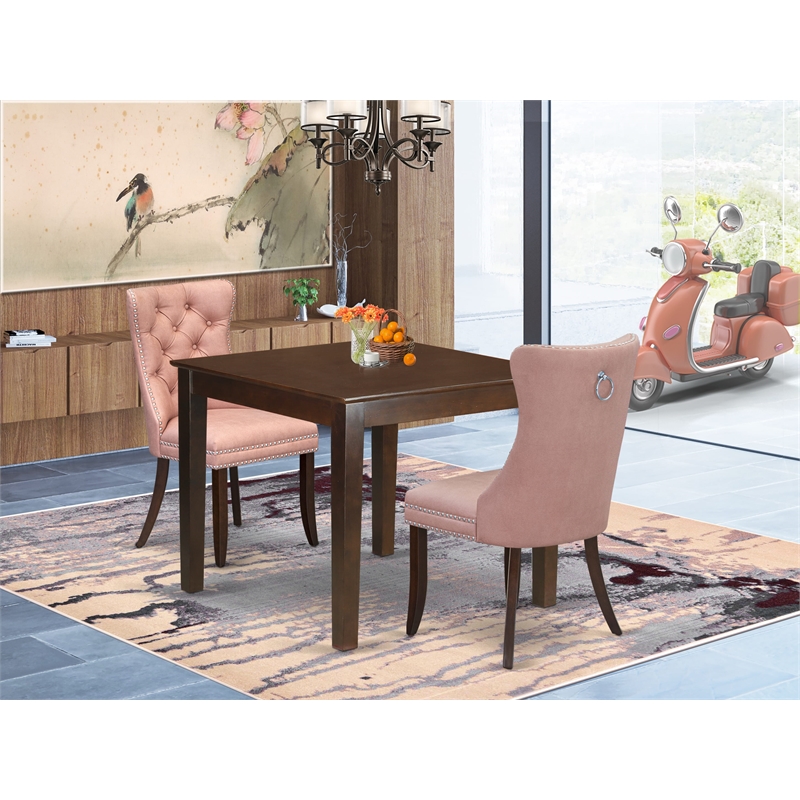 East West Furniture 3-Piece Dining Table Set in Mahogany/Beige Red