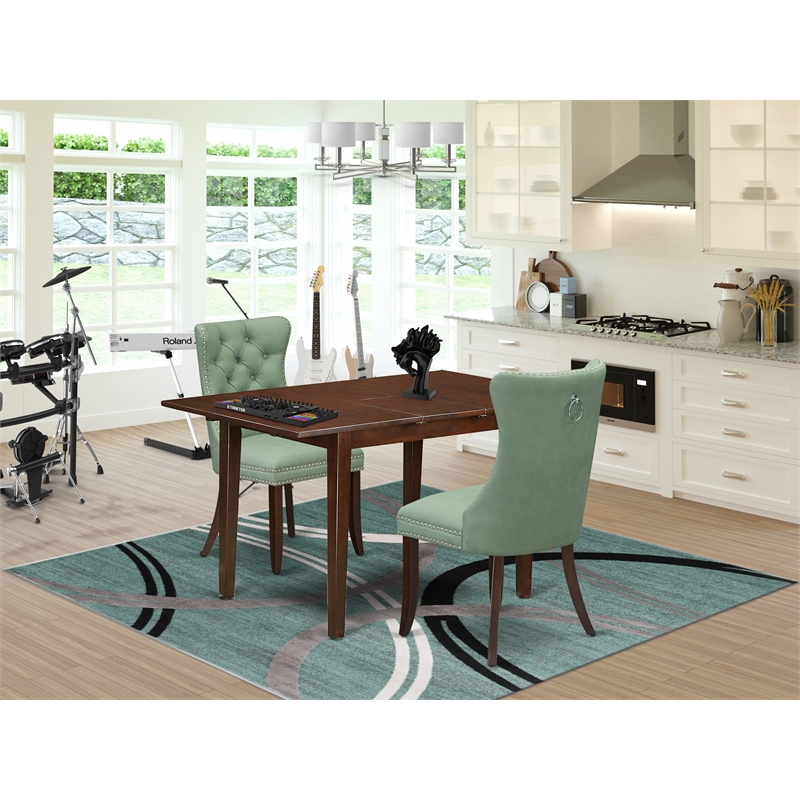 East West Furniture 3-Piece Kitchen Table Set in Mahogany/Willow Green
