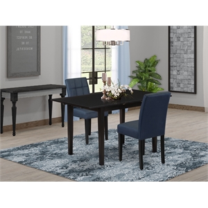 East West Furniture 3-Piece Dining Set in Black/Dark Navy Blue