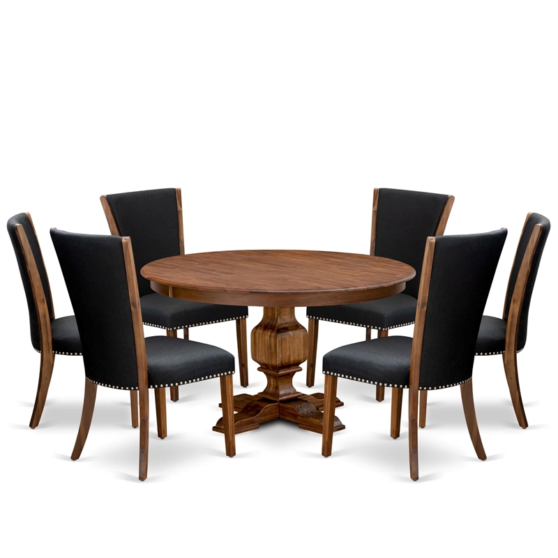 East West Furniture Ferris 7 Piece Round Dining Room Set in Walnut Finish