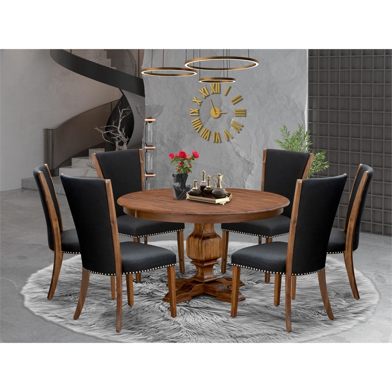 East West Furniture Ferris 7 Piece Round Dining Room Set in Walnut Finish