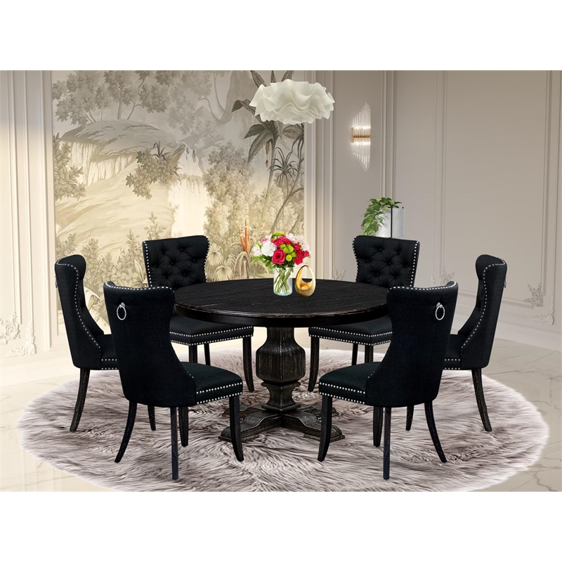 East West Furniture Ferris 7 Piece Round Kitchen Set in Black Finish