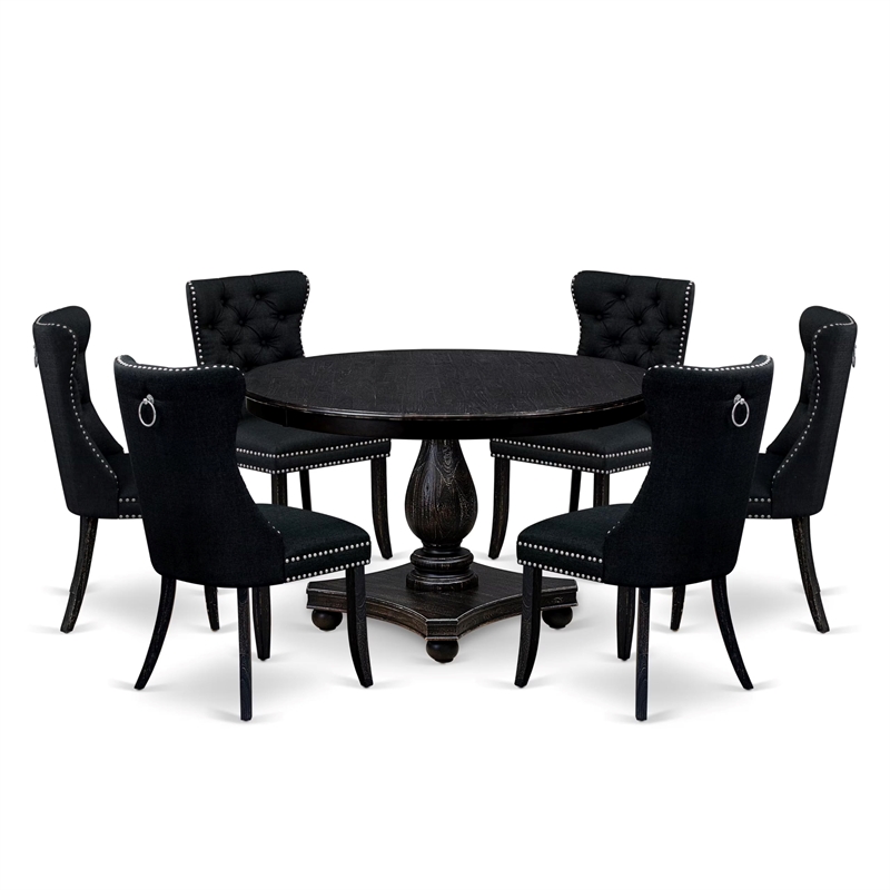 East West Furniture Ferris 7 Piece Round Kitchen Set in Black Finish