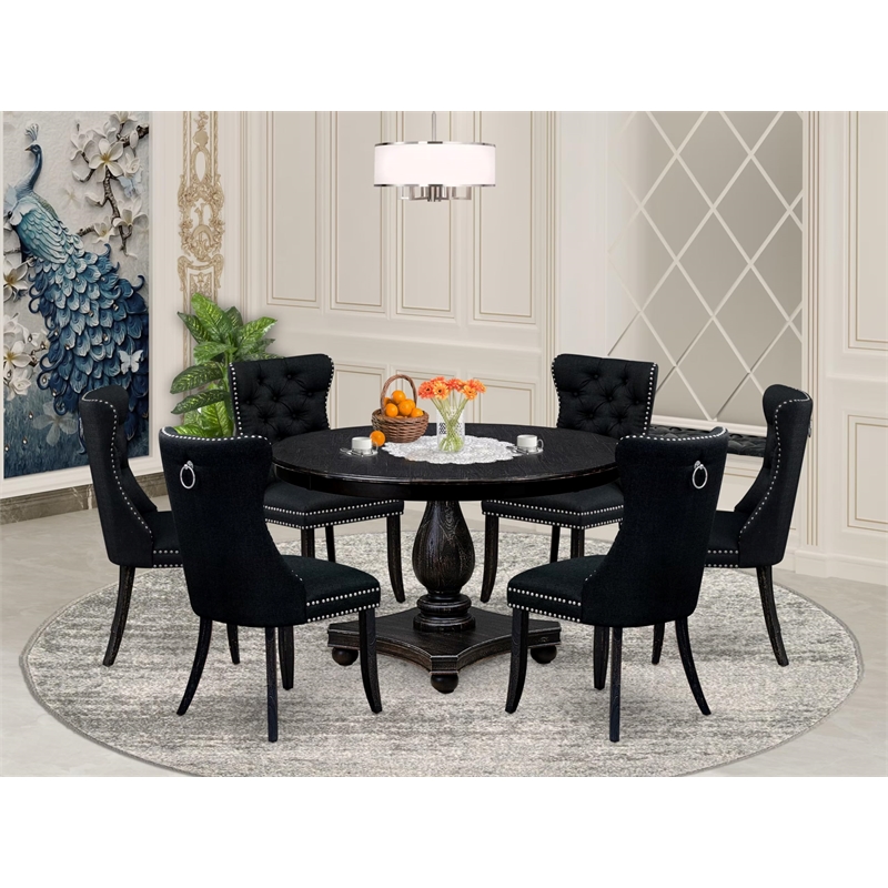 East West Furniture Ferris 7 Piece Round Kitchen Set in Black Finish