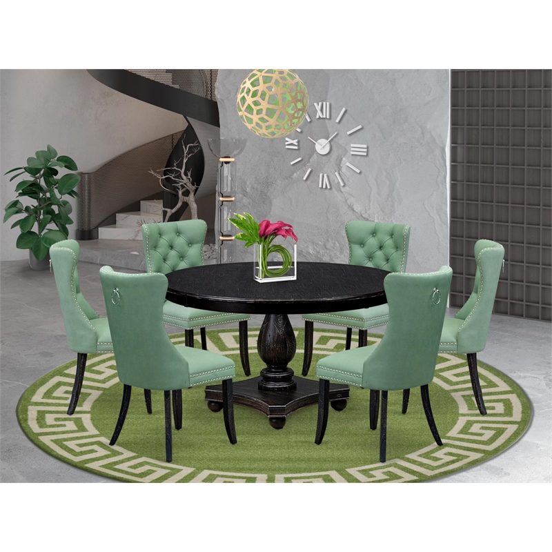 East West Furniture Ferris 7 Piece Round Dining Table Set in Black Finish