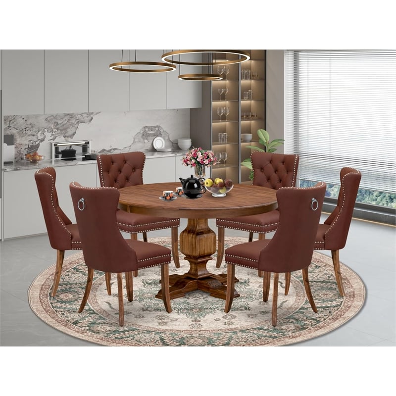 East West Furniture Ferris 7-Piece Dining Table Set in Walnut Finish