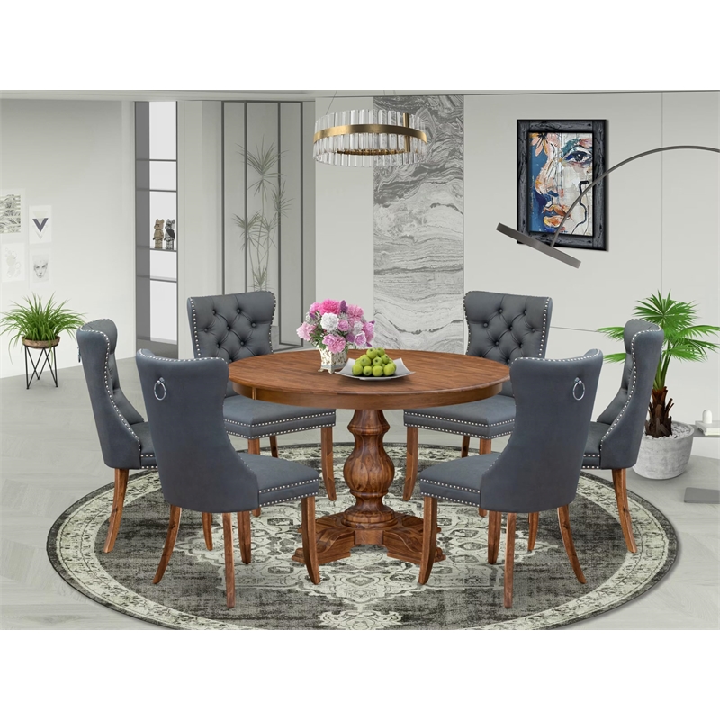 East West Furniture Ferris 7-Piece Dining Table Set in Walnut Finish