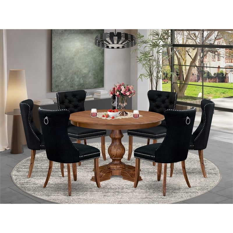 East West Furniture Ferris 7-Piece Dining Table Set in Walnut Finish