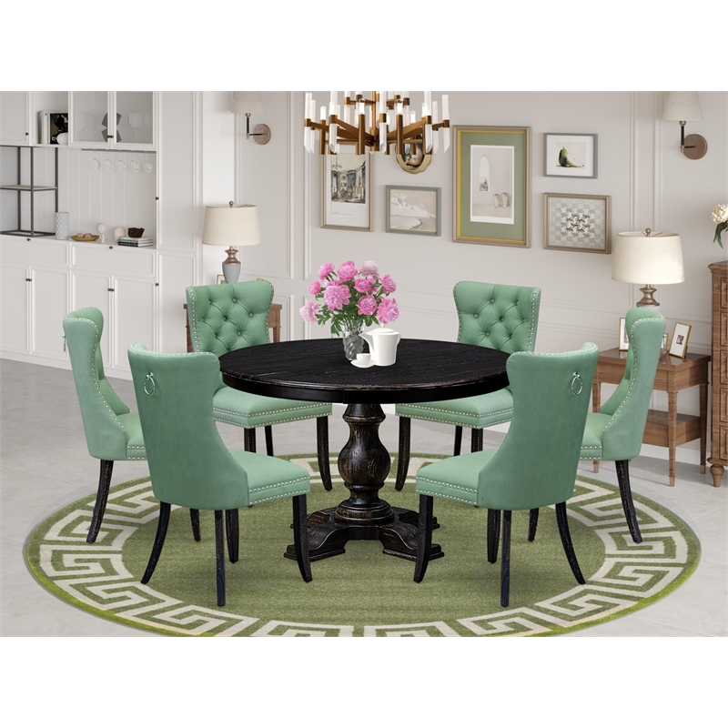 East West Furniture Ferris 7 Piece Round Dining Room Set in Black Finish