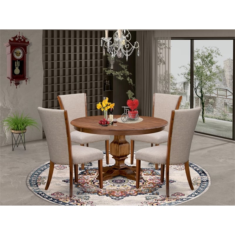 East West Furniture Ferris 5 Piece Round Dining Table Set in Walnut Finish
