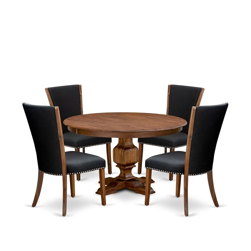 East West Furniture Ferris 5 Piece Round Dining Table Set in Walnut Finish