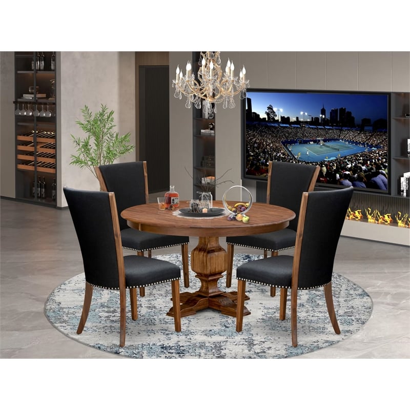 East West Furniture Ferris 5 Piece Round Dining Table Set in Walnut Finish