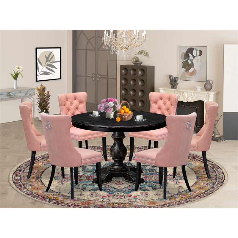 East West Furniture Ferris 7 Piece Round Kitchen Table Set in Black Finish