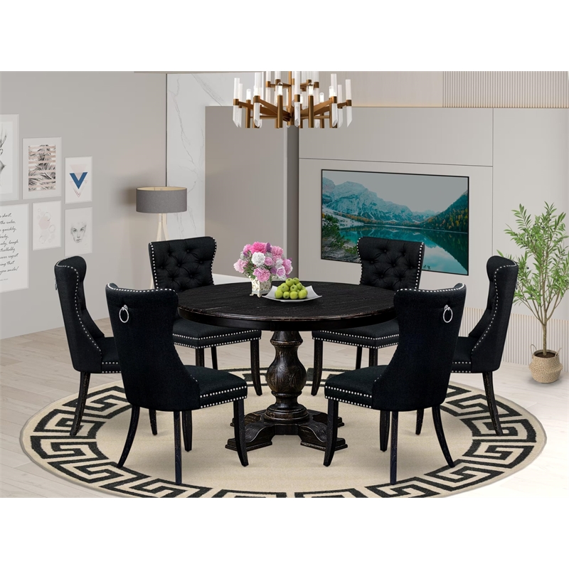 East West Furniture Ferris 7 Piece Round Dining Set in Black Finish