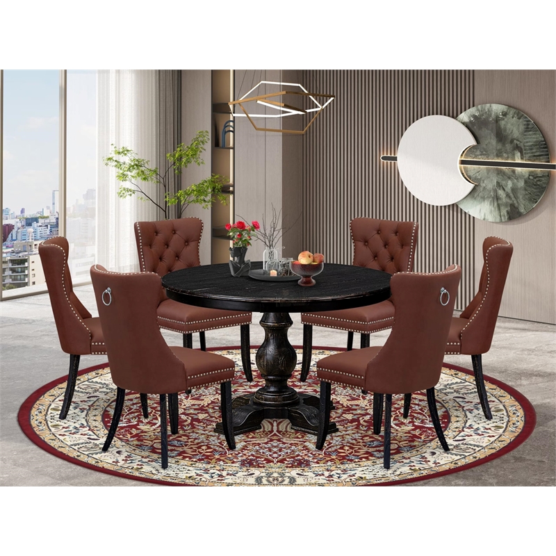 East West Furniture Ferris 7 Piece Round Dining Room Set in Black Finish