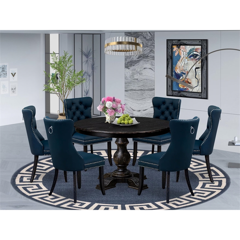 East West Furniture Ferris 7 Piece Round Dining Table Set in Black Finish