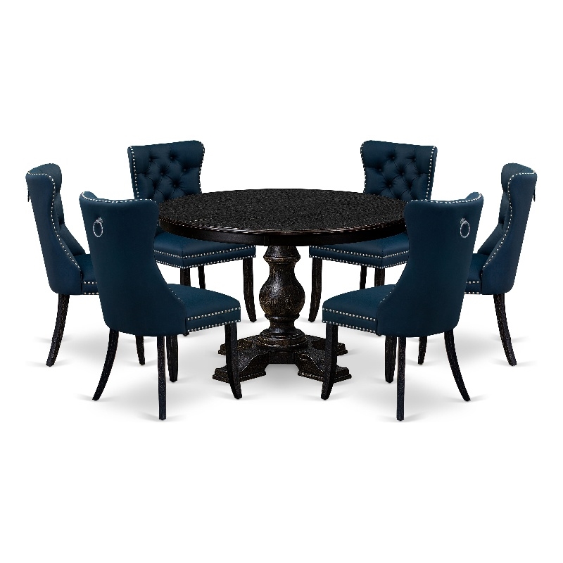 East West Furniture Ferris 7 Piece Round Dining Table Set in Black Finish