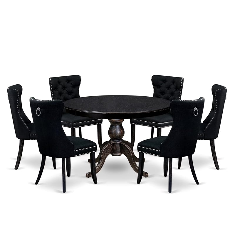 East West Furniture Ferris 7 Piece Round Dining Room Set in Black Finish