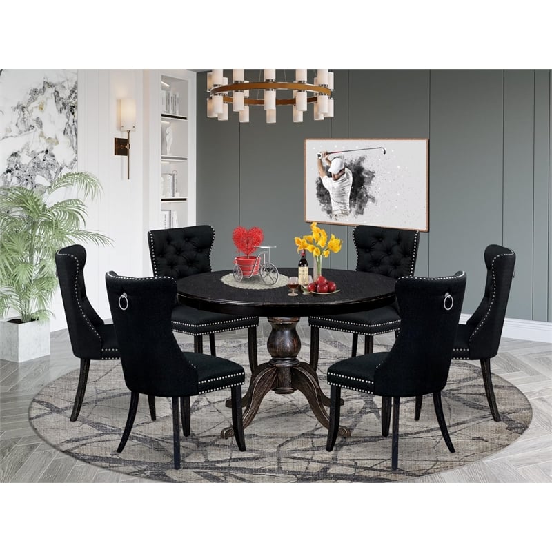 East West Furniture Ferris 7 Piece Round Dining Room Set in Black Finish