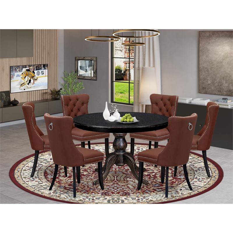 East West Furniture Ferris 7 Piece Round Kitchen Table Set in Black Finish