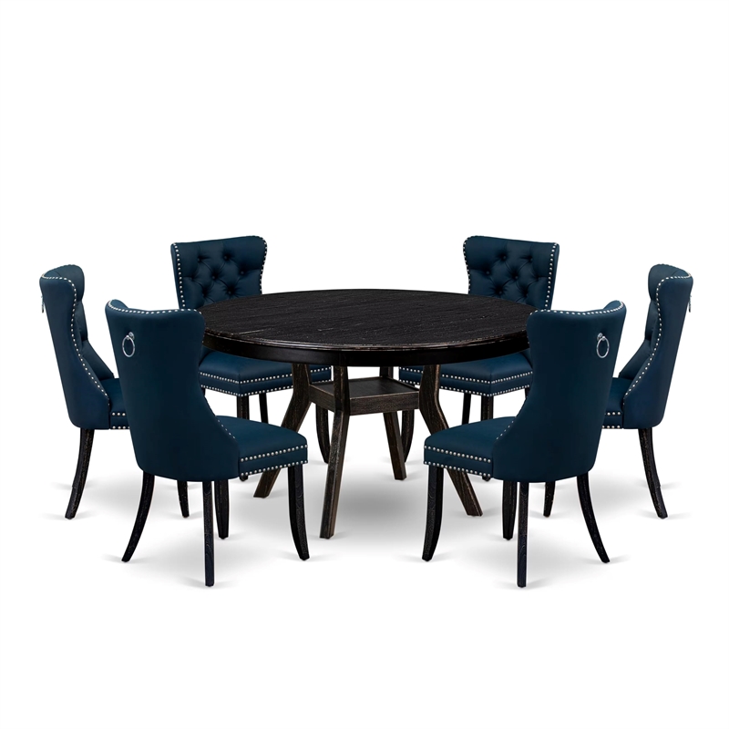 East West Furniture Ferris 7 Piece Round Dining Table Set in Black Finish